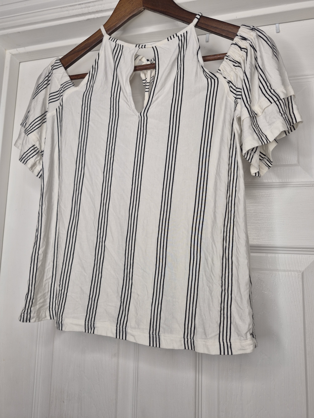 American Eagle White Striped Cold-Shoulder Top Small
